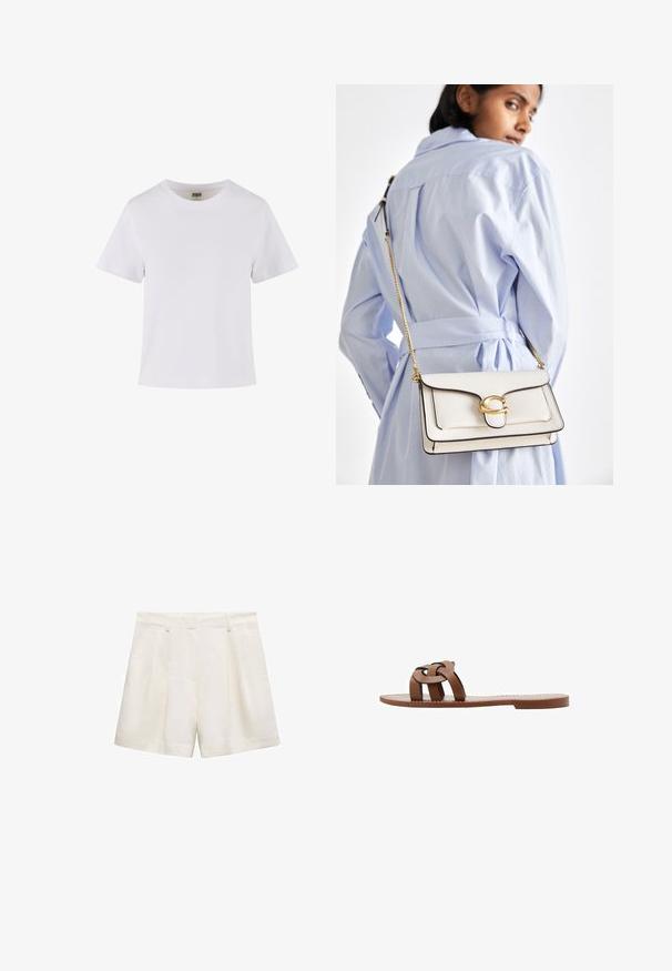 T-shirt bianco in cotone con maniche corte, scollo a rotondo e taglio dritto. Texture liscia, design semplice, senza modelli o accenti visibili.; Pantaloni corti bianchi realizzati in un tessuto liscio, con un design plissettato, tasche laterali e un orlo che cade appena sopra il ginocchio.; Sandali piatti marroni in materiale sintetico con un design a fascia intrecciata e una suola liscia e piatta. Senza tacco, estetica minimalista.; Borsa a tracolla in pelle bianca con dettagli dorati, patta frontale e bordi neri, dotata di una tracolla a catena indossata a croce su una camicia azzurra chiara.