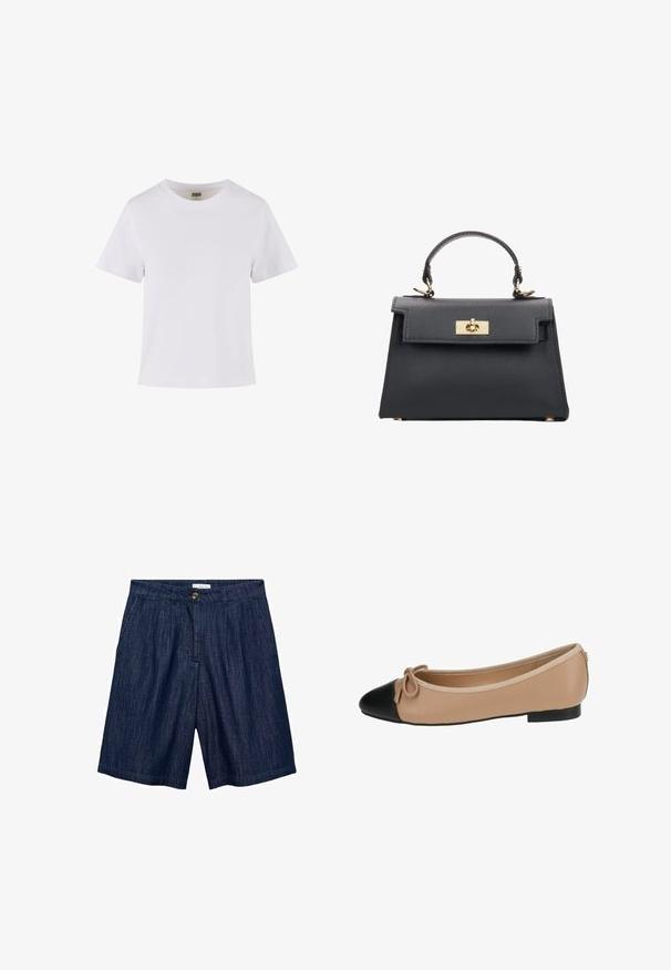 White cotton t-shirt with short sleeves, a crew neckline, and a straight cut. Smooth texture, simple design, no visible patterns or accents.; Dark blue denim shorts with a straight cut, front pleats, a button closure, and two side pockets. Smooth texture with subtle stitching.; Ballet flat in beige leather with a black cap toe. Features a front bow detail and a smooth texture. Low profile design with a rubber sole.; ESTRO WŁOSKIEJ - Handbag - black