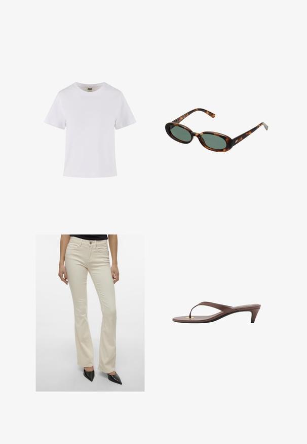 Vit bomull t-shirt med kort ärm, rundad halsringning och rak passform. Slät textur, enkel design, inga synliga mönster eller detaljer.; Gräddfärgade utsvängda byxor i en stretchtålig bomullsblandning. Har standard femficksdesign och knäppning framtill.; Bruna klackflip-flopsandaler med en smal rem och rund tåpost, med en liten guldaccent på fotbädden.; Sköldpaddsmönstrade solglasögon med ovala bågar och gröna linser. Har tunna skalmar med en metallisk detalj vid gångjärnen.; Svart vävd läderhandväska med en avslappnad design, som har en knuten rem och en liten dekorativ guldfärgad nitar högst upp.
