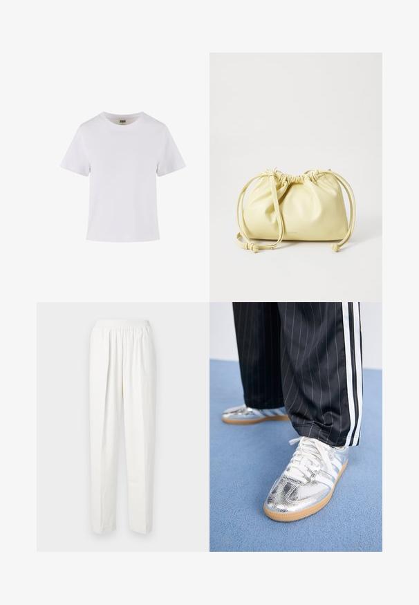 Bijela pamučna majica kratkih rukava, s okruglim izrezom i ravnim krojem. Glatka tekstura, jednostavan dizajn, bez vidljivih uzoraka ili detalja.; Bijele hlače s elastičnom strukom i ravnim krojem, izrađene od mekog materijala, s diskretnim prednjim nabora za dodatnu teksturu i dizajnerski detalj.; Metalne srebrne tenisice s bijelim vezicama i tri bijele pruge, uparene s crnim hlačama s prugicama. Osvježavajući akcent gumene soles na dnu.; Žuta kožna torba s naboranim dizajnom, podešavanjem pomoću vezice i jednim dugim remenom. Minimalno brendiranje na dnu.