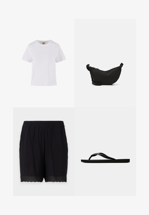 Hvit bomulls t-skjorte med korte ermer, rund hals og rett snitt. Glatt tekstur, enkelt design, ingen synlige mønstre eller detaljer.; Svart bomullsshortser med elastisk midjebånd og bølget kant med perforert detaljering i kantene. Myk og lett stoff.; Svarte gummiflip-flopsandaler med en teksturert stropp og enkel flat såle, vist fra siden på en enkel lys bakgrunn.; Svart stoff crossbody-veske med en buet form, glidelås, justerbar stropp og en liten sidelomme for ekstra lagring.
