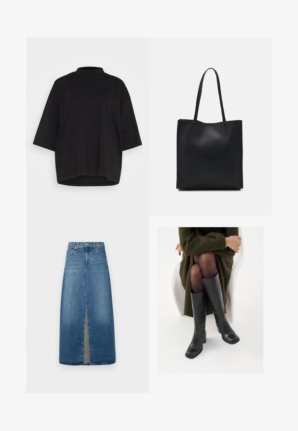 Svart bomulls t-shirt med hög halsringning, korta vingslejfar och en avslappnad, lös passform. Slät textur och rundad fåll.; Denim midi kjol med en fram slits. Har en åtsittande midja, ljusblå tvätt, bältesöglor och klassisk femficksdesign.; Knähöga svarta läderstövlar med fyrkantig tå och klack i blockmodell, visade med en modell sittande i en olivgrön kappa. Slät textur, minimal detaljering.; Svart lädertoffelväska med slät textur, rektangulär form och två långa handtag. Ingen synlig hårdvara eller dekorationer.