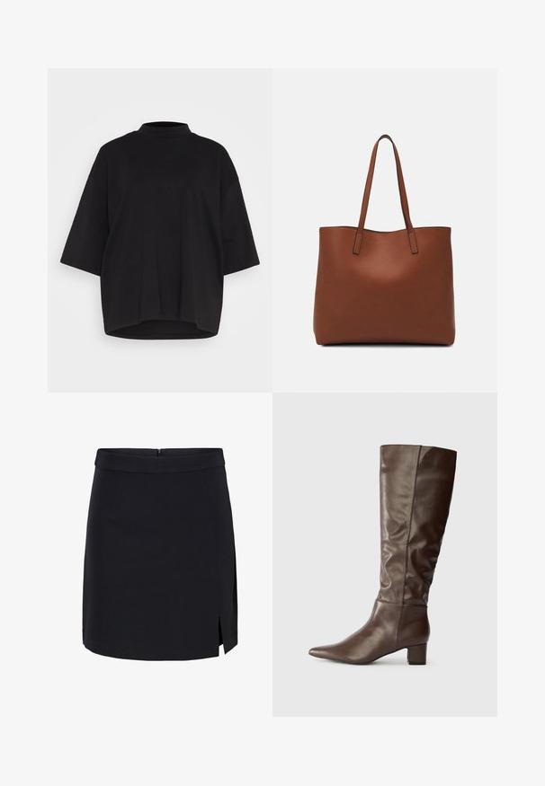 Musta puuvillapaita, jossa on korkea kaulus, lyhyet lepakkohihat ja rento, laatikkomainen muoto. Tasainen pinta ja pyöristetty helma.; Musta mini-hame, joka on valmistettu sileästä kankaasta ja jossa on istuva vyötärö. Hameessa on sivureikä ja piilotettu takakiinnitys.; Ruske nahke čizme do koljena s šiljastim vrhom i blok petom. Čizme imaju glatku, blago nabranu teksturu na gornjem dijelu.; Ruskea nahkainen olkalaukku, jossa on sileä pinta, avoin yläosa ja kaksi olkahihnaa. Omaavat vain minimaalisen ompelun eikä näkyvää metalliosaa.