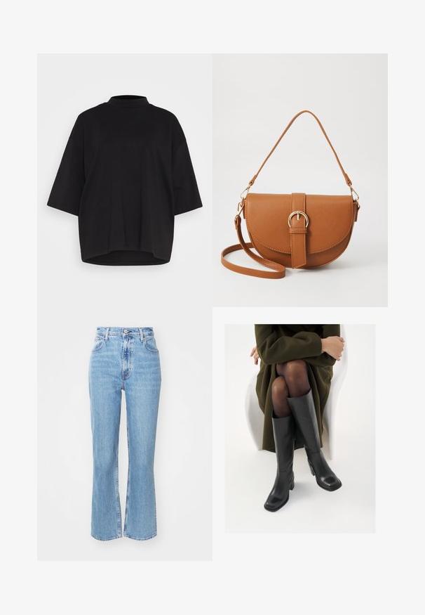 Fekete pamut póló magas nyakkal, rövid batwing ujjakkal és laza, dobozszerű szabással. Sima textúra és lekerekített alj.; Világoskék, magas derekú farmernadrág, harang formájú szárral. Denimből készült, öt zsebbel és gombbal záródó előlappal rendelkezik. Elhalványult textúrája van.; Térdfelett érő fekete bőr csizmák négyzet alakú orral és tömbtalppal, olajzöld kabátban ülő modellel bemutatva. Simaság, minimalista részletezés.; Barna bőr keresztbody táska ívelt formával, aranyszínű fémrészekkel és csat díszítéssel. Levehető vállpánttal rendelkezik.