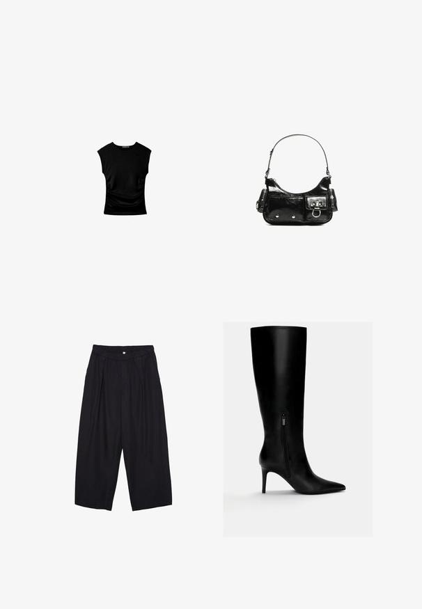 Sort kortærmet top lavet af strækbart stof, med et tætsiddende design og samling detaljer på siderne. Glat tekstur, klassisk form.; Sorte polyester culotte bukser med elastisk talje, to forpiber og en løs silhuet. Ingen synlige mønstre eller hardware detaljer.; Sorte læder knæhøje støvler med spidse tæer, stiletto hæl og lynlåsdetalje i siden. Glat tekstur, elegant design og tætsiddende form.; Sort patenteret læder håndtaske med en buet form, en skulderrem, frontlommer og hardware accenter i sølvfarve.