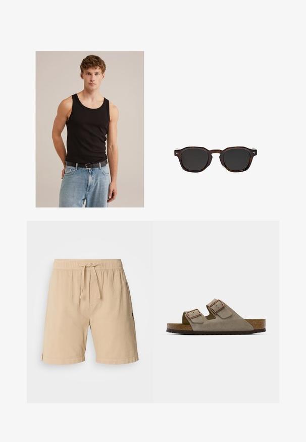 Black sleeveless tank top made of cotton; fitted design with a round neckline; paired with light blue denim jeans and a black belt.; Beige shorts made of cotton with an elastic waistband, drawstring closure, side pockets, and stitched hem details.; Suede slide sandal in light grey with two adjustable buckles, a cork midsole, and a textured rubber outsole.; Massimo Dutti GEOMETRIC - Sunglasses - dark brown