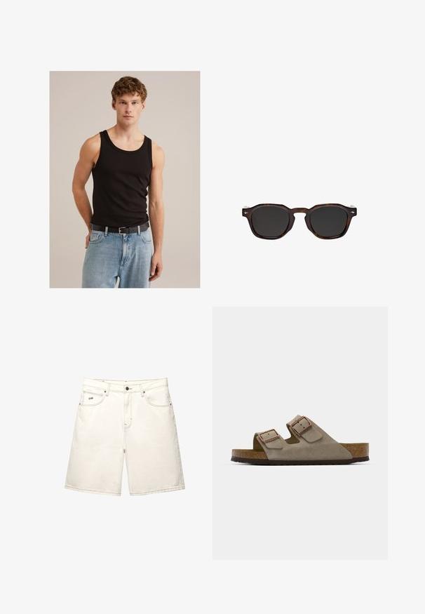 Débardeur sans manches noir en coton ; design ajusté avec un col rond ; associé à un jean en denim bleu clair et une ceinture noire.; Shorts en denim blanc à coupe droite, avec cinq poches et des coutures visibles. Présente une fermeture à bouton à l'avant et un petit logo de la marque sur le côté.; Sandale à glissière en suède de couleur gris clair, dotée de deux boucles réglables, d'une semelle intermédiaire en liège et d'une semelle extérieure en caoutchouc texturé.; Massimo Dutti GEOMETRIC - Lunettes de soleil - dark brown; Boucles d'oreilles en argent en forme de créole avec un design lisse et arrondi. Elles disposent d'une fermeture sans soudure et d'une finition polie pour une apparence élégante.