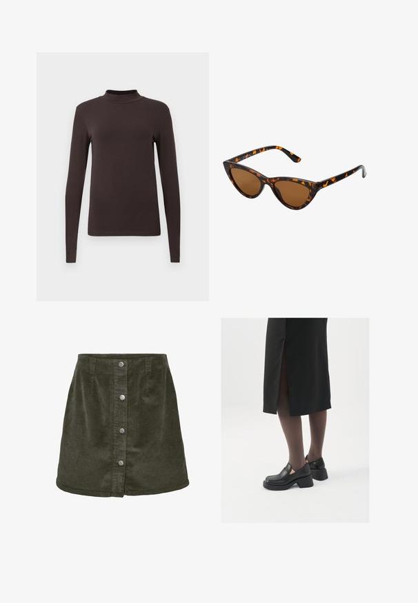 Długosleeve'owy golf wykonany z ciemnobrązowego materiału. Posiada dopasowany krój i gładką fakturę bez widocznych wzorów czy elementów metalowych.; Zielona mini spódnica z korduroju o kształcie litery A, z pięcioma srebrnymi guzikami z przodu i pionowym prążkowanym wzorem.; Czarne skórzane buty z okrągłym noskiem, grubym blokowym obcasem i elastycznymi akcentami po bokach, zestawione z ciemnymi rajstopami i czarną spódnicą z rozcięciem.; Okulary przeciwsłoneczne w kształcie kocich oczu z czarno-pomarańczową oprawą w deseń żółwia, brązowymi soczewkami i eleganckimi, spiczastymi końcówkami. Posiadają minimalistyczne logo na zauszniku.