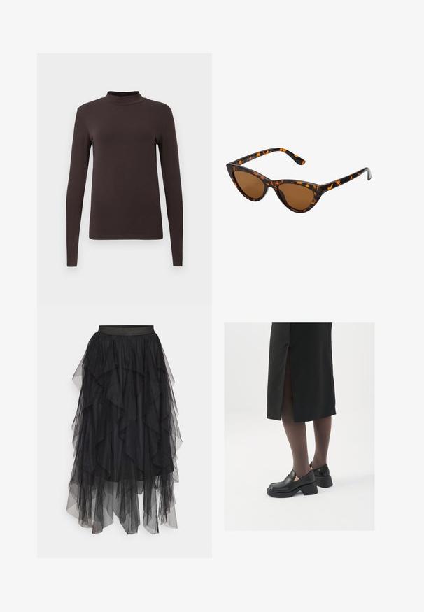 Dolgimi rokavi in turtleneck vrh iz temno rjave tkanine. Ima prilegajoč dizajn in gladko teksturo brez vidnih vzorcev ali kovinskih delov.; Črna tila krilo z večplastnimi naborniki, ki ima elastičen pas in različne dolžine. Prosojna tekstura izboljšuje vizualno globino.; Črne usnjene čevlje s zaobljenim prstom, debelim blokastim petama in elastičnimi stranskimi detajli, v kombinaciji s temno nogavicami in črno krilo z razporkom.; Mačje oči sončna očala z okvirom v črno-oranžni želvej ohišji, rjavimi lečami in elegantnimi, ostrimi konicami. Imajo minimalistični logo na ročaju.