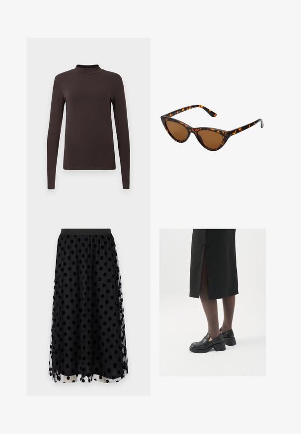 Hosszú ujjú garbó felső sötétbarna anyagból. Fitted fazonú és sima textúrájú, látható minták vagy fém elemek nélkül.; Fekete tüll szoknya nagy fekete pöttyökkel, rugalmas derékpánttal, réteges kialakítással és áttetsző textúrával, szilárd szegéllyel.; Fekete bőr cipők lekerekített orral, vastag blokk sarkakkal és elasztikus oldalsó díszítésekkel, sötét harisnyával és hasítékkal ellátott fekete szoknyával párosítva.; Cica szemüveg fekete és narancssárga teknőc pánttal, barna lencsékkel és sima, hegyes végekkel. A templomán egy minimalista logó található.
