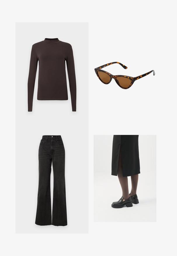 Garā piedurkņu turtlenecks krekls, kas izgatavots no tumši brūnas auduma. Iezīmēts ar pieguļošu dizainu un gludu tekstūru, bez redzamām rakstu vai detaļām.; Augstas jostas melni platā diega džinsi no denima. Izgatavoti ar priekšējo pogu aizvēršanu, piecām kabatām un neapdarinātām kāju malām.; Melni ādas apavi ar noapaļotu purngalu, biezām bloku papēžiem un elastīgiem sānu akcentiem, apvienoti ar tumšām zeķubiksēm un melnu svārku ar šķirbu.; Kaķa acs saulesbrilles ar melnu un oranžu bruņurupuču rakstu rāmi, brūnām lēcām un elegantiem, norādītiem galiem. Rāmī ir minimālists logos uz tempļa.; Sudraba gredzenveida auskari ar minimālistisku dizainu. Cirkulāra forma, gluda tekstūra un plāns profils. Vieglu svaru ar spīdīgu apdari.