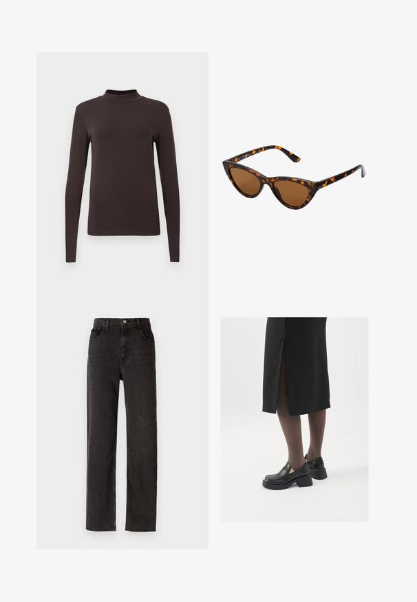 Paita pitkähihaisella poolokauluksella, valmistettu tummanruskeasta kankaasta. Ominaisuuksiin kuuluu tiukka muotoilu ja sileä tekstuuri ilman näkyviä kuvioita tai metalliosia.; Mustat farkut suoranlahkeisella designilla, joissa on korkea vyötärö, viisi taskua ja raakataskureunat.; Mustat nahkakengät pyöreällä kärjellä, paksulla lohkopohjalla ja joustavilla sivuakkesseilla, yhdistettynä tummiin sukkahousuihin ja mustaan hameeseen, jossa on halkio.; Kattöga solglasögon med en svart och orange sköldpaddsmönstrad båge, bruna linser och slanka, spetsiga spetsar. Har en minimal logotyp på skalmen.