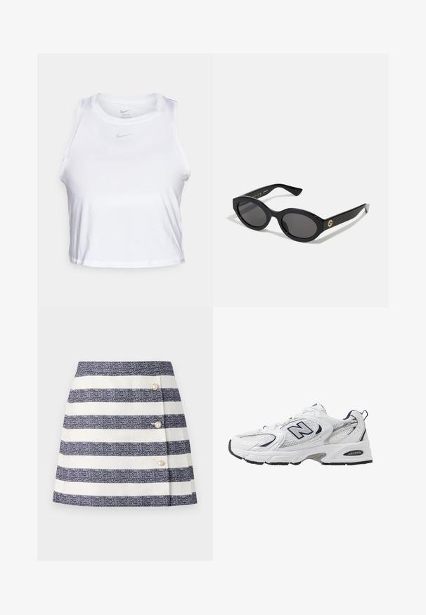 Hvit ermeløs crop top laget av glatt Dri-FIT-stoff. Har en liten grå Nike-logo på brystet og rund halslinning.; Stripet A-linje skjørt i marineblå og hvit, laget av teksturert stoff. Har tre perleknapper på siden.; Hvit sportsko med mesh-overdel, marineblå accenter og polstret såle. Har "N"-logo, lisser og teksturert detalj på siden.; Sorte ovale solbriller med mørke linser og blank plastramme. Har gulllogo på stengene, og tilbyr et elegant og moderne design.