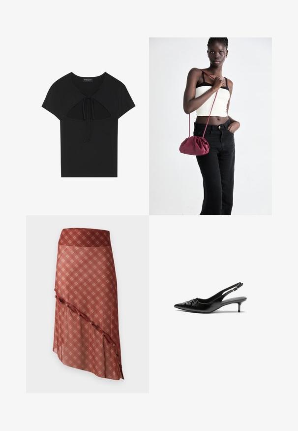 Musta lyhythihainen paita, jossa on pyöreä pääntie, leikkaus yksityiskohtana ja nauhakiinnitys edessä. Valmistettu pehmeästä ja kevyestä kankaasta.; Punainen hame, jossa on viisto helma, kevyesti värillisellä ruudullisella kuviolla, joka on korostettu nappidetyksillä reunan varrella.; Mustat nahkaiset slingback-korkokengät, joissa on terävä kärki, pieni kitten-korko ja koristeellinen solki edessä. Yksinkertainen pinta kauttaaltaan.; Burgundi pehmeast kangast käekott, millel on kortsuline disain ja pikk rihm, kantud üle rinna. Modell kannab valget lühikest toppi ja musti teksaseid.