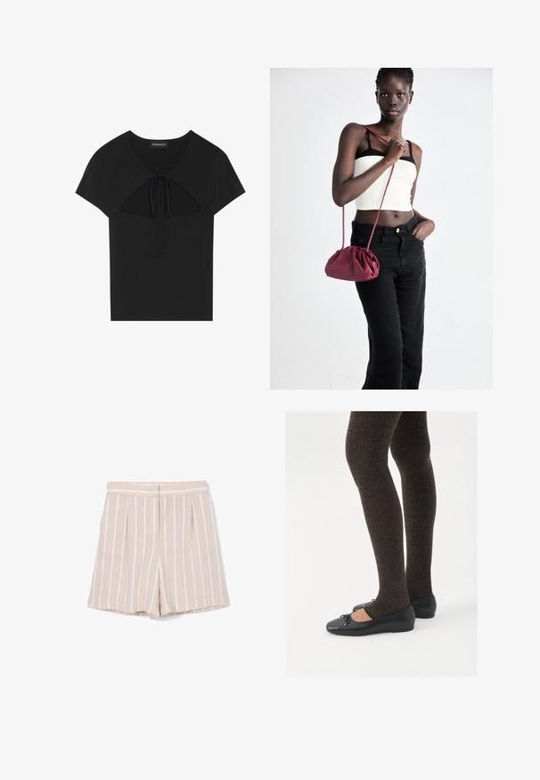 Top nero a maniche corte con scollatura rotonda, dotato di un dettaglio con apertura e chiusura a cravatta sul davanti. Realizzato in tessuto morbido e leggero.; Pantaloni corti beige con strisce verticali bianche, dotati di pieghe frontali, una vita piatta e una texture di tessuto liscia.; Scarpe nere a flat con un piccolo fiocco sulla punta, abbinate a collant a coste marrone scuro. Le scarpe hanno una texture liscia e un profilo basso.; Borsa a tracolla in morbido tessuto bordeaux con design arricciato e una lunga tracolla, indossata a tracolla. Il modello indossa un top corto bianco e jeans neri.