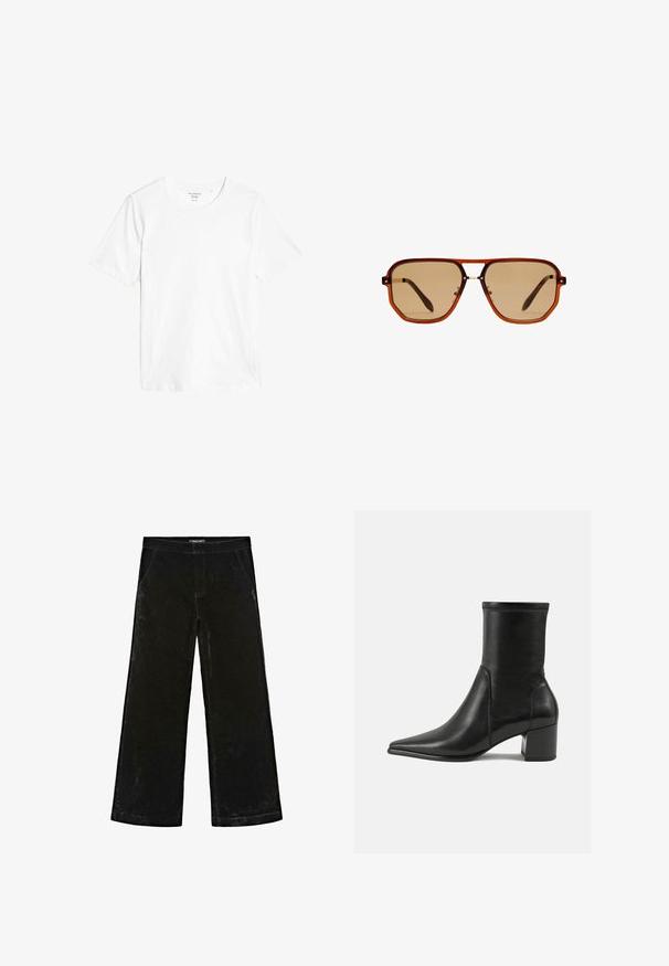 Biała krótki rękaw T-shirt wykonany z bawełny. Posiada okrągły dekolt i standardowy krój bez widocznych wzorów lub ozdób.; Czarne spodnie szerokie w nogawkach, wykonane z miękkiego aksamitu, z wysokością w talii na średnim poziomie, dwiema bocznymi kieszeniami i subtelnymi detalami przeszyć.; Czarny botek za kostkę wykonany z gładkiej skóry, z szpiczastym noskiem, słupkowym obcasem oraz wyraźnym podniesionym szwem na górnej krawędzi.; Brązowe ośmiokątne okulary przeciwsłoneczne z przezroczystą bursztynową oprawką i brązowymi soczewkami. Posiadają metalowy akcent na nosku oraz smukłe zauszniki.