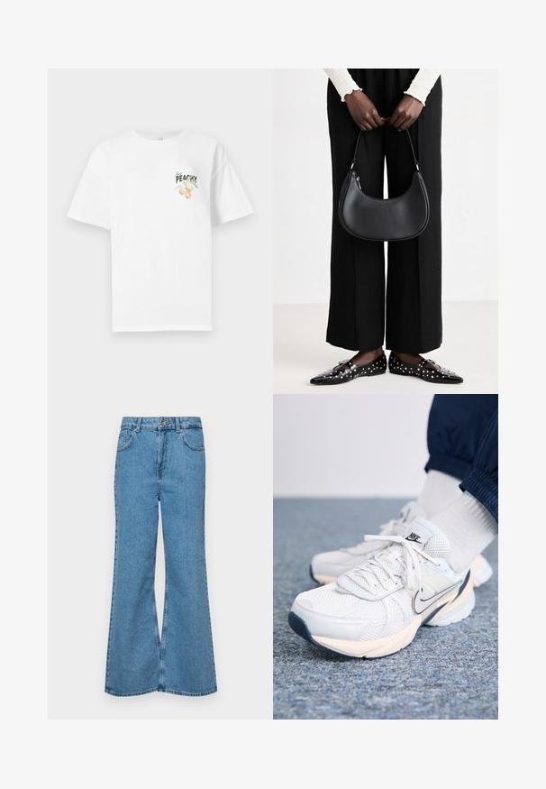 Hvit bomulls T-skjorte med avslappet passform, med et grønt og ferskenfarget grafisk motiv med teksten "Just Peachy" på forsiden. Korte ermer.; Lyseblå vide jeans laget av denim, med høyt liv, fem lommer og en enkelt knappelukking. Myk tekstur med falmet finish.; Nike treningssko med mesh-overdel i hvit og lys blå, med tykk såle, snøring og en marineblå swoosh-detalj.; Svart skinn skulderveske med en avrundet form, glanset overflate og sølvfargede detaljer. Person iført sorte vide bukser og naglede loafers.
