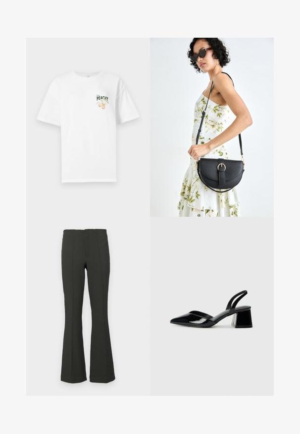 White cotton t-shirt with a relaxed fit, featuring a green and peach graphic with the text "Just Peachy" on the front. Short sleeves.; Dark green flared pants featuring a ribbed texture, high waist, and front seam detailing. Designed for a fitted silhouette.; Black patent leather slingback heels with a pointed toe and a geometric block heel. Features a sleek, minimal design and smooth texture.; Black leather handbag with a curved shape, detachable strap, and gold hardware. The bag features a flap with a buckle detail.