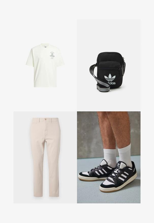 White cotton t-shirt featuring a round neck, short sleeves, and a graphic print with "Adidas" and "Los Angeles" in green.; Beige cotton trousers with a straight cut, featuring a front button closure, belt loops, and a single back pocket. Smooth texture.; Black and white sneakers with a suede and leather upper, featuring three white stripes, a perforated toe, and a gum rubber sole.; Black fabric crossbody bag with a zipper closure, featuring a white Adidas logo and a striped adjustable strap for easy carrying.