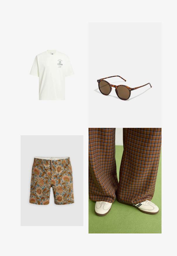 Biela bavlnená tričko s okrúhlym výstrihom, krátkymi rukávmi a grafickou potlačou s nápismi "Adidas" a "Los Angeles" v zelenej farbe.; Kraťasy s vzorom, ktoré majú modré pozadie s kvetinovými motívmi v hnedej, oranžovej a krémovej farbe. Sú vyrobené z bavlny a majú zapínanie na gombík.; Hnedé a modré kárované nohavice s širokými nohavicami skombinované s bielymi topánkami s čiernymi akcentmi a textúrovanými podrážkami, umiestnené na zelenom pozadí.; Kulaté slnečné okuliare s rámom z korytnačiny a hnedými sklami. Majú tenké nožičky s jemnou textúrou a kovovými akcentmi blízko skiel.
