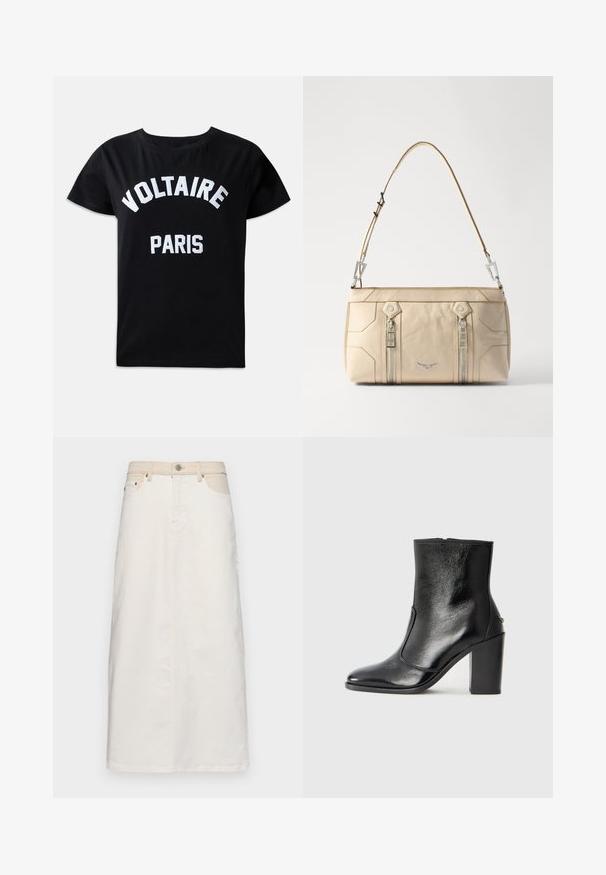 Juodas medvilnės marškinėlis su balta siuvinėta užrašu "VOLTAIRE PARIS" drąsiu šriftu, apvaliu kaklu ir trumpomis rankovėmis.; Balta džinsinė sijonas su aukštu juosmeniu, priekinėmis kišenėmis ir tiesiu siluetu. Jame yra kontrastingos siūlės, sagtys ir užtrauktukas.; Juodas odinis kulkšninis batas su lygiu paviršiumi, smailiu pirštu ir masyviu aukštu kulnu. Savybė - šoninis atidarymas ir minimalistiškas dizainas.; Smėlio spalvos odinė rankinė su sidabriniais aksesuarais, dviem šoninėmis užtrauktukais, struktūruota dizaino forma ir nuimama petneša, suteikianti universalumą.