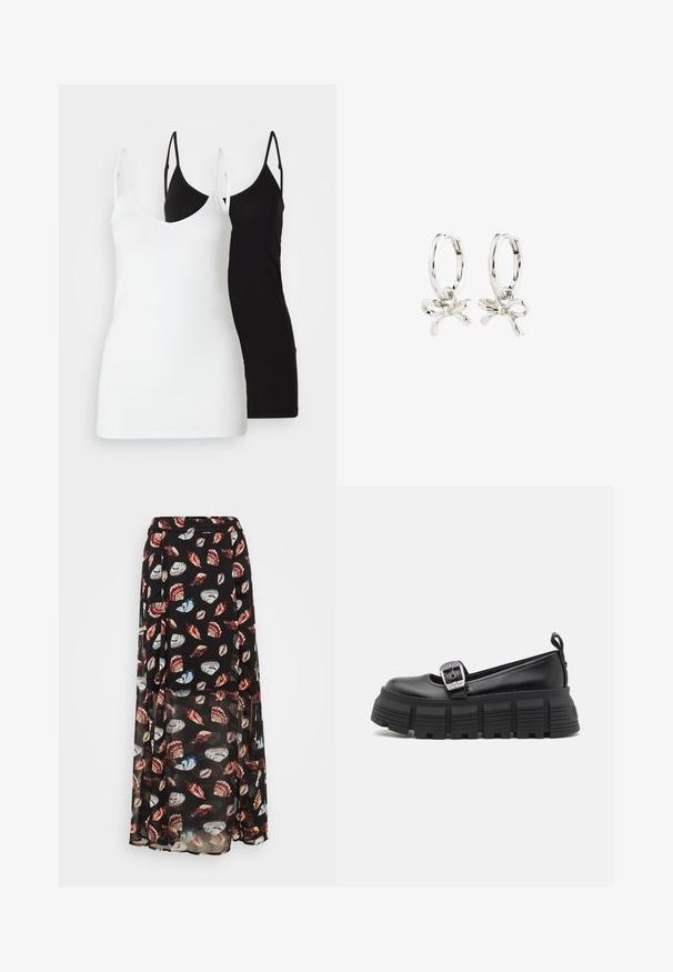 Du moteriški marškiniai be rankovių: vieni balti, kiti juodi, pagaminti iš minkštos medžiagos, su plonomis petnešėlėmis ir giliu V formos iškirpimu.; Juoda, permatoma maksi sijonas, papuoštas spalvingais kriauklių raštais. Su elastingu liemeniu ir sluoksniuotu dizainu, suteikiančiu papildomą srautą ir judėjimą.; Juodi platforminiai loafersai su apvalia nosimi, lygiu oda viršumi, reguliuojamu sagtimi ir tekstūruotu guminiu padu, turinčiu horizontalias briaunas.; Sidabrinės auskarų žiedai su juostos dizainu, turintys lygų paviršių ir Poliruotą tekstūrą. Kompaktiško, minimalistinio stiliaus, tinkantys įvairioms progoms.