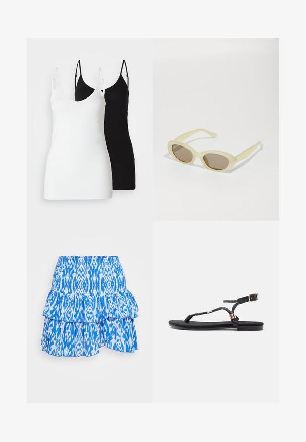 Dve dámske tielka: jedno biele a jedno čierne, vyrobené z mäkkého materiálu, s tenkými ramienkami a hlbokým výstrihom do V.; Modrá a biela sukňa s vrstvenými volánmi a smockovaným pásom, ktorá obsahuje abstraktný vzor v ľahkej tkanine.; Čierne ploché sandále s pletenými popruhmi a kovovým prvkom. Obsahujú nastaviteľnú pracku a plochú gumovú podrážku pre pohodlie.; Oválne slnečné okuliare s priesvitným svetložltým rámom a hnedými šošovkami. Majú úplne hladký povrch a jemné kovové akcenty na stranách.; Zlaté kruhové náušnice s hladkým, zaobleným dizajnom. Obsahujú malý uzáver s pántom, ľahký vzhľad a lesklý povrch.