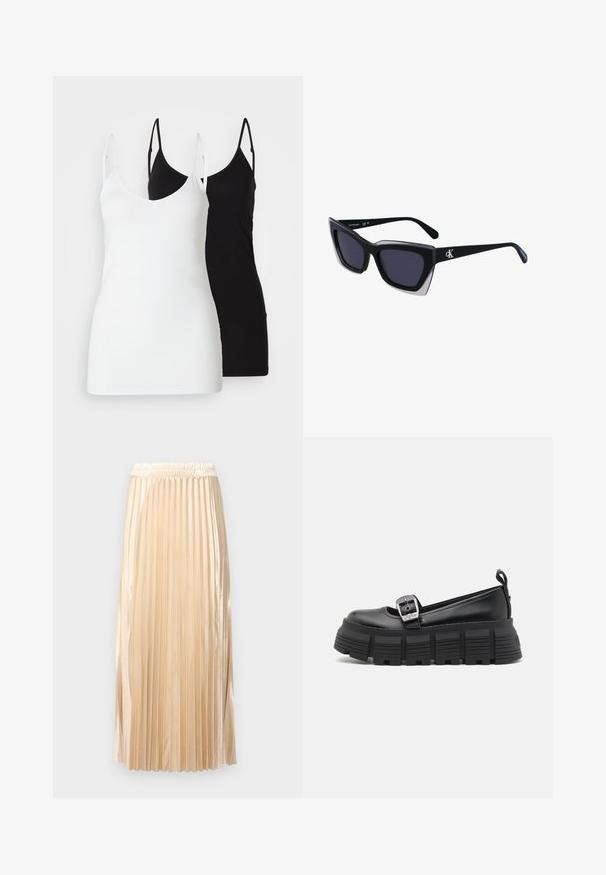 Két női top: az egyik fehér, a másik fekete, puha anyagból készült, vékony pántokkal és mély V-kivágással.; Ráncokkal díszített midi szoknya világos bézs selyemanyagnak tűnő anyagból, elasztikus derékpánttal és sima felülettel, függőleges csíkokkal, amelyek fokozzák a dizájnját.; Fekete platform loaferek lekerekített orral, sima bőrből készült felsőrésszel, állítható csattal és vízszintes bordázattal ellátott gumitalppal.; Fekete, nagyméretű napszemüveg geometrikus formával, sötét lencsékkel és kontrasztos szürke részlettel a kereten. Logó a szárán.; Ezüst karika fülbevalók sima, fényes felülettel. Lekerekített forma, könnyű kialakítással, tűs zárómechanizmussal.