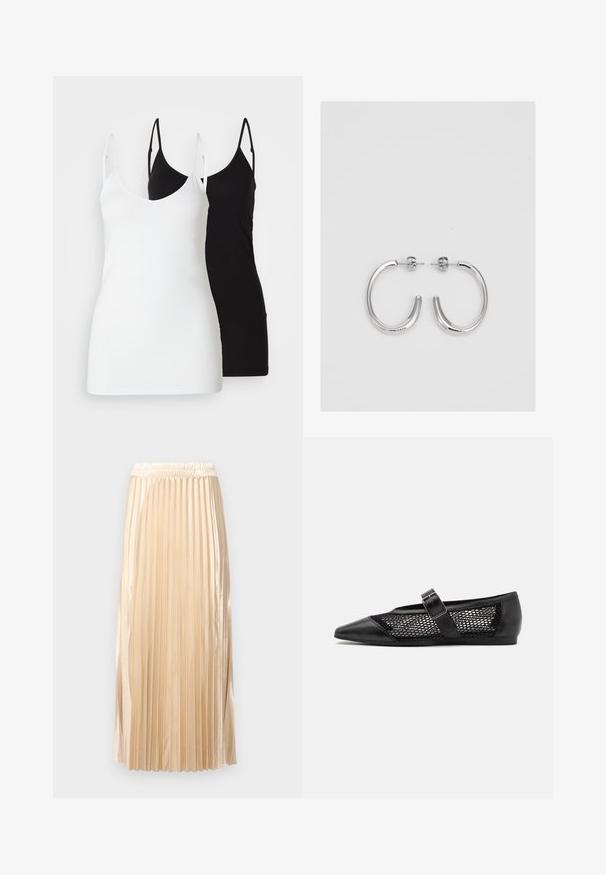 Two women’s tank tops: one white and one black, made of soft fabric, featuring thin straps and a deep V-neck design.; Pleated midi skirt in light beige satin, featuring an elastic waistband and smooth texture, with vertical stripes enhancing its design.; Black flat shoe with a pointed toe, mesh side panels, and a strap with a buckle detail. Smooth finish on the toe and heel sections.; Silver hoop earrings with a smooth, shiny finish. Rounded shape, lightweight design, featuring a post-back closure.