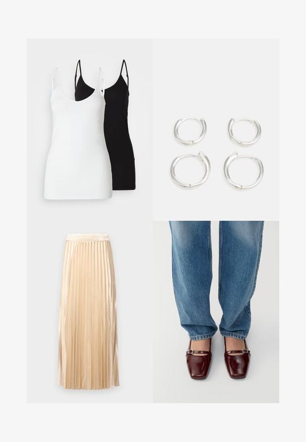 Du moteriški marškiniai be rankovių: vieni balti, kiti juodi, pagaminti iš minkštos medžiagos, su plonomis petnešėlėmis ir giliu V formos iškirpimu.; Šviesiai béžinė midi sijonas su klostėmis, pagamintas iš satino, turintis elastingą juosmens juostą ir glotnią tekstūrą, su vertikaliomis juostelėmis, kurios pabrėžia jo dizainą.; Bordo lakinės odos bateliai su kvadratiniu pirštu ir kulkšnies dirželiu, derinami su šviesiai mėlynomis laisvo kirpimo džinsais. Bateliai turi blizgų paviršių.; Sidabriniai auskarai žiedai, turintys lygaus, blizgaus paviršiaus. Du poros, su šiek tiek skirtingais dydžiais. Paprastas, apvalus dizainas, lengvi.