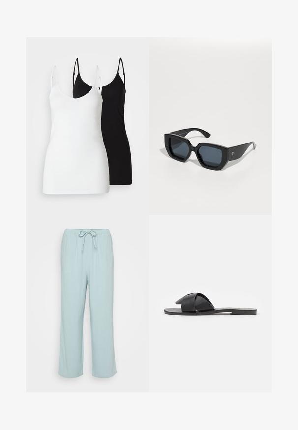 Dois tops de mulher: um branco e um preto, feitos de um tecido suave, com alças finas e um design de decote em V profundo.; Calças de lounge largas, azul claro, com um cós elástico ajustável. Feitas de um tecido suave e respirável com uma textura lisa.; Sandal de slip-on preta com tiras cruzadas. Feita de couro liso com sola plana e costura mínima. Design simples e de dedo aberto.; Óculos de sol oversized pretos com um design geométrico, lentes retangulares e acabamento brilhante. Sem marca visível na parte da frente.