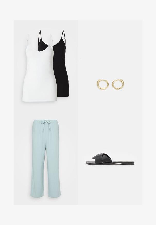 Divas divi sieviešu topi: viens balts, otrs melns, izgatavots no mīkstas auduma, ar plānām siksnām un dziļu V veida kakla izgriezumu.; Gaiši zilas, platās bikses ar izstiepjamu jostu. Izgatavotas no mīksta, elpojoša auduma ar gludu tekstūru.; Melnie slaidu iešļūcenes ar krustveida siksnām. Izgatavotas no gludas ādas ar plakanu zoli un minimālu šuvju daudzumu. Vienkāršs, atvērta purngalu dizains.; Zelta auskari ar gludu, noapaļotu dizainu. Iekļauj mazu eņģu aizdari, vieglu izskatu un pulētu apdari.