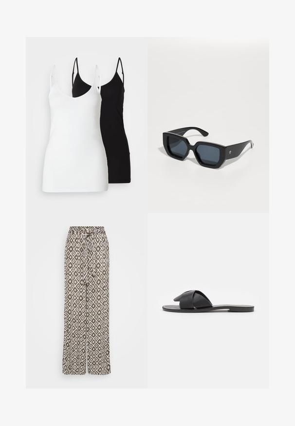 Dva ženska topa bez rukava: jedan bijeli i jedan crni, izrađeni od mekog materijala, s tankim naramenicama i dubokim V-izrezom.; Hlače širokih nogavica napravljene od lagane tkanine, s smešnim osnovnim tonom i bijelim dijamantnim uzorcima, te vezanjem u struku za prilagodljivo pristajanje.; Crna sandala na sklizak s ukriženim trakama. Izrađena od glatke kože s ravnim potplatom i minimalnim šavovima. Jednostavan dizajn s otvorenim prstima.; Crne prevelike sunčane naočale s geometrijskim dizajnom, pravokutnim lećama i sjajnom završnom obradom. Nema vidljivog brendiranja sprijeda.