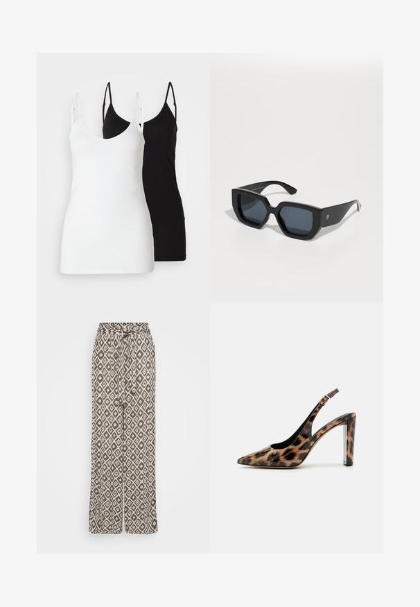 Two women’s tank tops: one white and one black, made of soft fabric, featuring thin straps and a deep V-neck design.; Wide-leg trousers made of lightweight fabric, featuring a brown base with white diamond patterns and a tie waist for adjustable fit.; Leopard print slingback pump with a pointed toe and transparent block heel. Made of glossy material with a smooth texture.; Black oversized sunglasses with a geometric design, rectangular lenses, and glossy finish. No visible branding on the front.