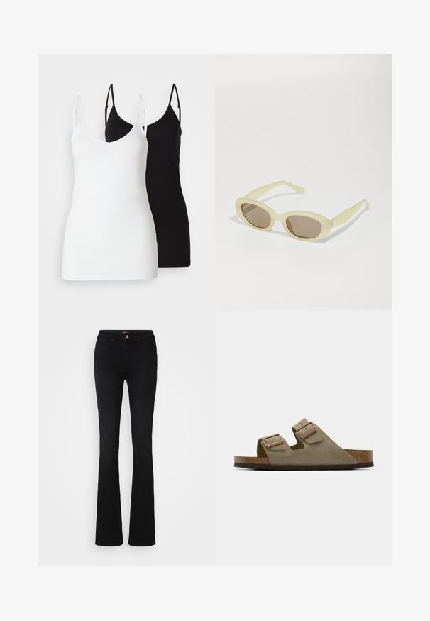 Dois tops de mulher: um branco e um preto, feitos de um tecido suave, com alças finas e um design de decote em V profundo.; Calças de ganga pretas, com corte flare, apresentando um design clássico de cinco bolsos, costura subtil e fecho frontal com botão.; Sandal em camurça taupe claro com duas tiras ajustáveis e ferragens em ouro rosa. Sola de cortiça sobre um fundo texturizado castanho. Design aberto na ponta.; Óculos de sol ovais com uma armação translúcida em amarelo pálido e lentes castanhas. Apresentam uma textura suave e discretos detalhes metálicos nas laterais.