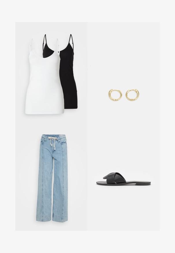 Dos camisetas de tirantes para mujer: una blanca y una negra, hechas de tejido suave, con finas tiras y un diseño de escote en V profundo.; Vaqueros de pierna ancha de color azul claro, confeccionados en denim. Presentan una cintura con cordón, detalles de costura sutiles y bajos con vuelta.; Sandalia negra sin hebillas con tiras cruzadas. Fabricada en cuero suave con una suela plana y costuras mínimas. Diseño simple de punta abierta.; Pendientes de aro de oro con un diseño suave y redondeado. Presentan un pequeño cierre de bisagra, apariencia ligera y un acabado pulido.
