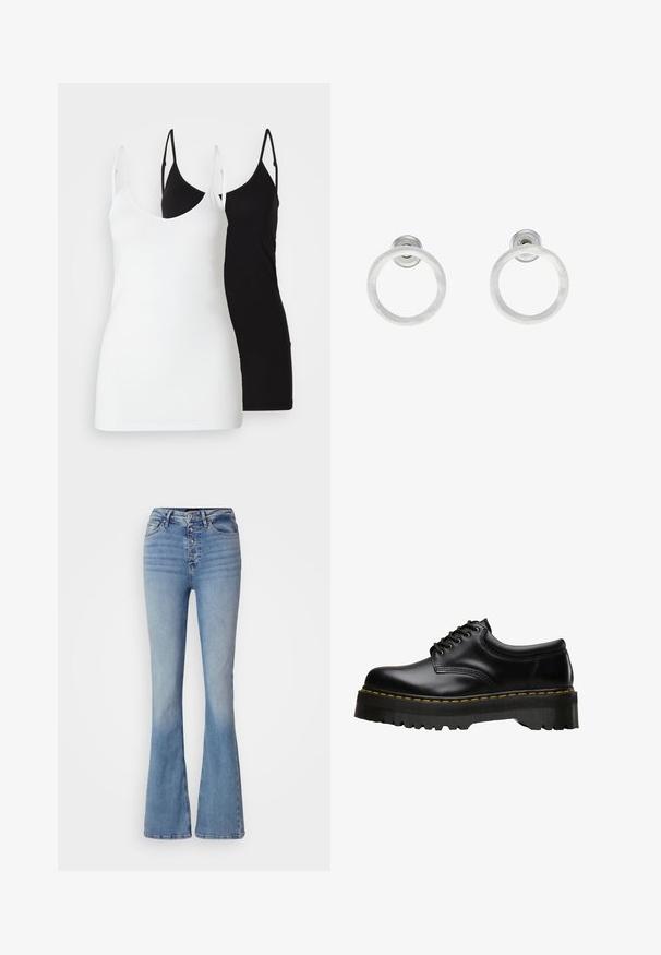 Two women’s tank tops: one white and one black, made of soft fabric, featuring thin straps and a deep V-neck design.; Flared light blue denim jeans featuring a high waist, five-button closure, and subtle fading. Smooth texture with stitched seams and hems.; Black leather lace-up shoe with a thick, serrated black rubber sole and yellow stitching along the edge, featuring a smooth finish.; Silver metal hoop earrings with a brushed texture, featuring a circular design and a clear post back for secure wear.