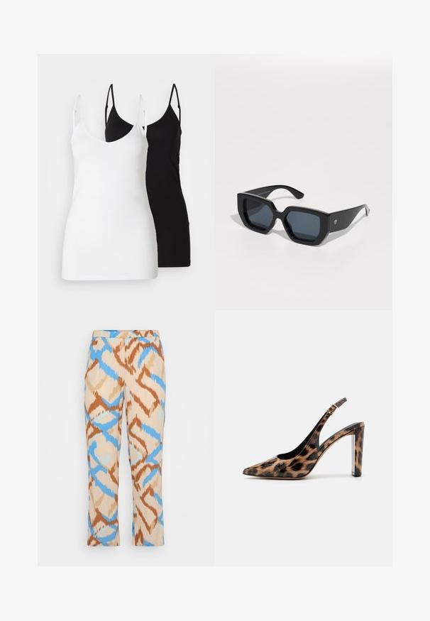 Dve dámske tielka: jedno biele a jedno čierne, vyrobené z mäkkého materiálu, s tenkými ramienkami a hlbokým výstrihom do V.; Bežové nohavice s vzorom, s modrým a hnedým abstraktným dizajnom. Vyrobené z ľahkého materiálu s rovným strihom.; Lodičky so slingback v leopardom vzore s ostrou špičkou a priehľadným blokovým podpätkom. Vyrobené z lesklého materiálu s hladkou textúrou.; Čierne nadrozmerné slnečné okuliare s geometrickým vzorom, obdĺžnikové šošovky a lesklý povrch. Na prednej strane nie sú viditeľné žiadne značky.