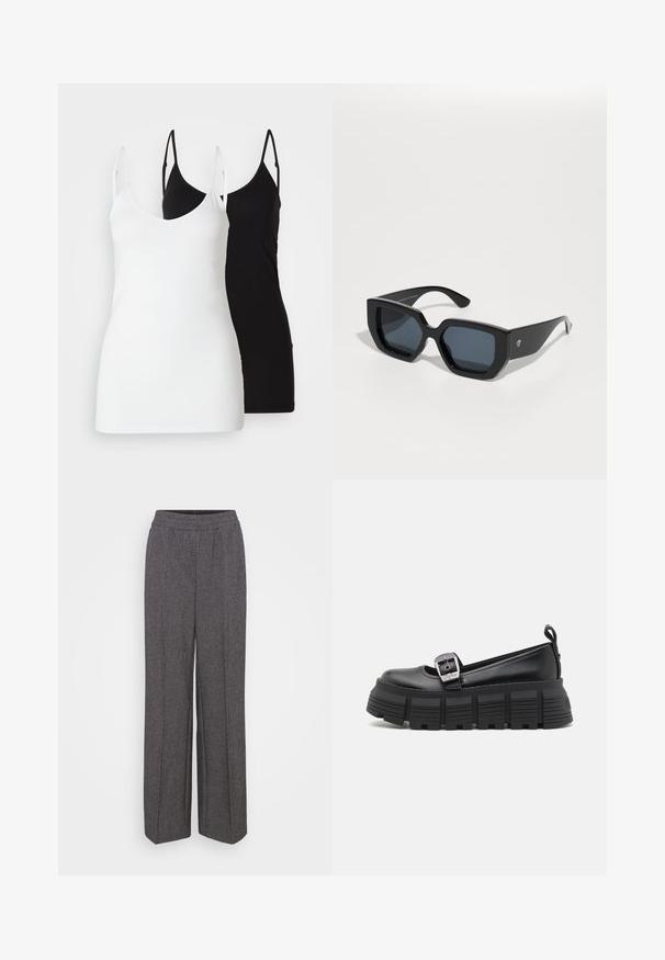 To kvinner i tank tops: en hvit og en svart, laget av mykt stoff, med tynne stropper og dyp V-hals.; Grå, vide bukser med elastisk talje, laget av teksturert stoff med et subtilt mønster. Ingen lommer eller synlige lukninger.; Sorte plattform loafers med avrundet tå, glatt lær-overside, justerbar spenne og teksturert gummisåle med horisontale riller.; Svart oversized solbriller med geometrisk design, rektangulære linser og blank overflate. Ingen synlig merkevare på forsiden.