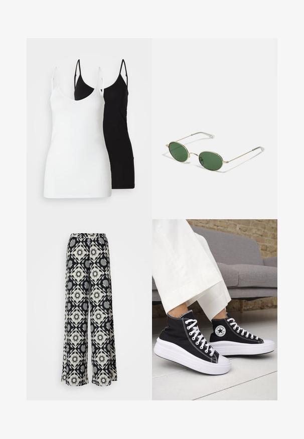 Two women’s tank tops: one white and one black, made of soft fabric, featuring thin straps and a deep V-neck design.; Wide-leg trousers featuring a black and white pattern with sun and shell motifs. Made of lightweight fabric with a comfortable waistband.; Black high-top sneakers with white rubber soles and laces. Features a round logo patch and contrasting white stitching. Canvas material.; Gold-framed sunglasses with green oval lenses and thin metal arms. Features clear plastic tips on the arms for comfort.