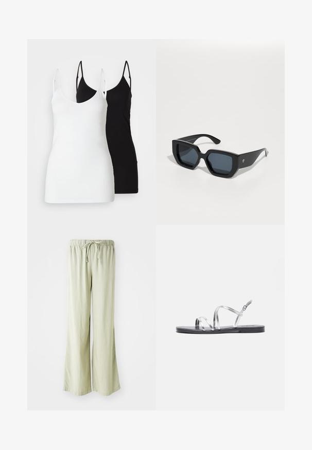 Two women’s tank tops: one white and one black, made of soft fabric, featuring thin straps and a deep V-neck design.; Light green wide-leg pants with an elastic waistband and drawstring. Made of a soft, textured fabric; hemmed edges with no visible patterns.; Silver strappy sandals with a flat black sole, featuring thin metallic straps and an adjustable ankle buckle. Smooth texture throughout.; Black oversized sunglasses with a geometric design, rectangular lenses, and glossy finish. No visible branding on the front.