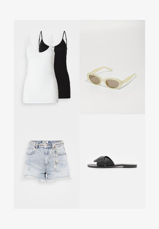 To kvinner i tank tops: en hvit og en svart, laget av mykt stoff, med tynne stropper og dyp V-hals.; Lyseblå denimshorts med frynset kant, slitte detaljer, justerbar beige snor og merkelapp på livet.; Sorte slip-on sandaler med kryssede stropper. Laget av glatt lær med flate såler og minimal søm. Enkelt, åpne tå-design.; Ovale solbriller med en gjennomsiktig lys gul ramme og brune linser. Har en jevn tekstur og subtile metallakenter på sidene.