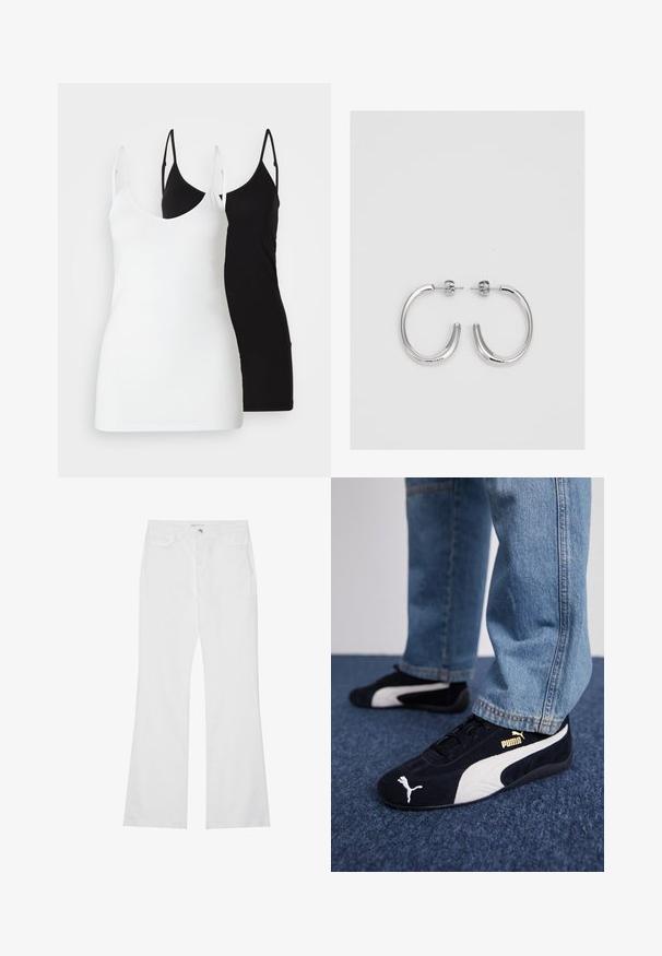 Kaksi naisten toppeja: yksi valkoinen ja yksi musta, pehmeästä kankaasta valmistettu, ohuilla olkaimilla ja syvällä V-leikkauksella.; Valkoiset leveälahkeiset farkut puuvilladenimissä, joissa on kaksi etutaskua, vetoketjukiinnitys ja metallinen nappi. Tasainen pinta, jossa on minimaalinen yksityiskohtaisuus.; Mustat mokkanahkaiset lenkkarit valkoisilla yksityiskohdilla, joissa on kultainen logo. Yhdistetty vaaleansinisiin farkkusiin ja asetettu tekstuuripintaiseen siniseen taustaan.; Hopehopeet hopehopeet hopehopeet hopehopeet, jolla on sileä, kiiltävä pinta. Pyöreä muoto, kevyt rakenne, jossa on neulakiinnitys.