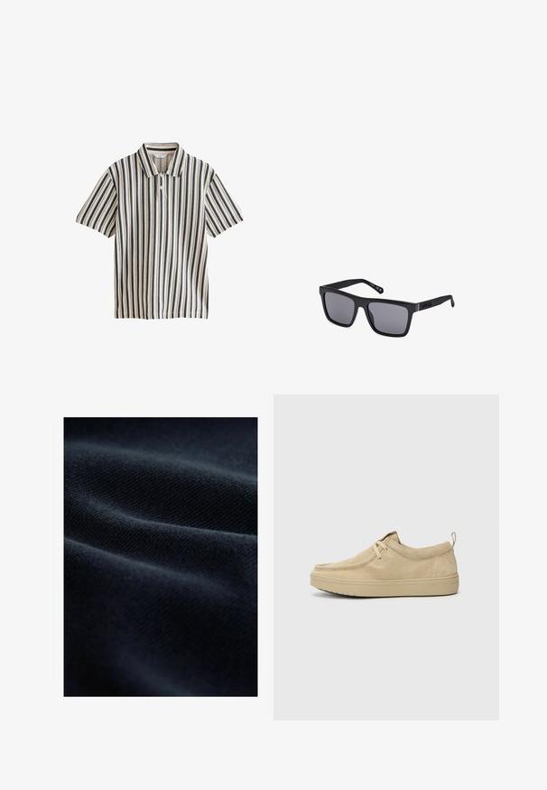 Polo de manga corta en color crema con rayas verticales azul marino. Presenta un cuello con solapa y un cierre de botones. Textura suave.; Tejido de color navy con una trama texturizada, mostrando suaves pliegues y un acabado liso, reflejando la luz de manera sutil.; Zapatos slip-on de ante beige con punta redondeada, costuras mínimas y suela de goma. Textura suave con un sutil acento de marca en el talón.; Gafas de sol rectangulares negras con lentes oscuros, acabado mate y detalle del logo en la patilla. El diseño presenta bordes rectos y montura gruesa.