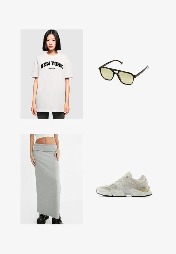 Bílé oversized tričko s nápisem "NEW YORK" tučným černým písmem. Krátké rukávy a kulatý výstřih, vyrobeno z jemné bavlny.; Stradivarius FOLD OVER WAIST - Maxi sukně - grey; Bílé tenisky s vrchní částí z prodyšné síťoviny a semiše, zaoblenou špičkou a polstrovaným límcem. Mají reflexní akcenty a silnou, strukturovanou podrážku.; Brýle ve stylu želvoviny s obdélníkovým tvarem, zelenými skly a vzorovanými acetátovými rámy. Obsahují kovové akcenty poblíž skel.