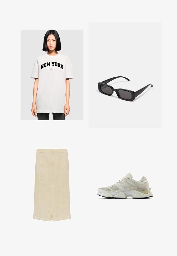 Biele oversized tričko s nápisom "NEW YORK" v tučnom čiernom písmene. Krátke rukávy a okrúhly výstrih, vyrobené z jemného bavlneného materiálu.; Sukňa v dĺžke po kolená v svetlej krémovej farbe z ľanového materiálu, s predným rozparkom a jemnými švovými detailmi. Prispôsobený pás so slučkami na opasok.; Biele tenisky s sieťovaným a semišovým zvrškom, zaoblenou špičkou a polstrovaným golierom. Obsahujú reflexné prvky a hrubú, štruktúrovanú podrážku.; Čierne obdĺžnikové slnečné okuliare s tmavými šošovkami, lesklým povrchom, širokými ramenami a robustným rámovým dizajnom. Vygravírované meno značky na jednom ramene.