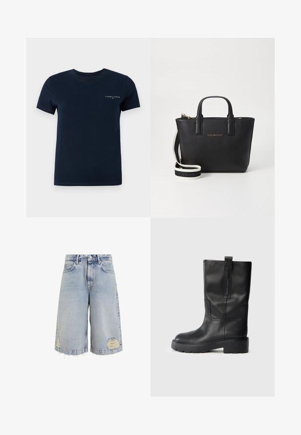 Camiseta de algodón azul marino, de cuello redondo, de manga corta, con un pequeño logo blanco "TOMMY JEANS" en el lado izquierdo del pecho.; Shorts de mezclilla azul claro con un corte amplio, dobladillo deshilachado y áreas desgastadas con costuras visibles. Diseño clásico de cinco bolsillos.; Botas de cuero negras hasta la rodilla con un diseño elegante, que cuentan con una suela gruesa y una pestaña lateral para ponerlas con facilidad. Destacan los acentos de costura.; Bolso de mano de piel negra con logo metálico dorado. Cuenta con dos asas superiores y una correa desmontable con una marca en blanco y negro. Textura suave.