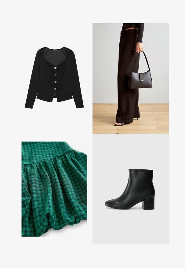 Musta pitkähihainen paita, jossa on syvä V-pääntie, rypytetty etuosan yksityiskohta ja viisi hopeanväristä nappia. Silkkinen kangas, lyhennetty helma.; Vihreä ruudullinen kangas, jossa on eri sävyjä, rypytetty pinta ja röyhelöhelma. Materiaali näyttää hengittävältä ja kevyeltä.; Musta nahkasaappaat nilkkapituudella, jossa on terävä kärki ja paksu korko. Silkkinen pinta, jossa on minimaaliset yksityiskohdat ja tyylikäs, istuva muotoilu.; Musta käsilaukku, jossa on rakenteellinen muoto, sileä pinta ja metallinen solki. Yhdistetty leveisiin mustiin housuihin ja avonaiheisiin sandaaleihin puulattialla.