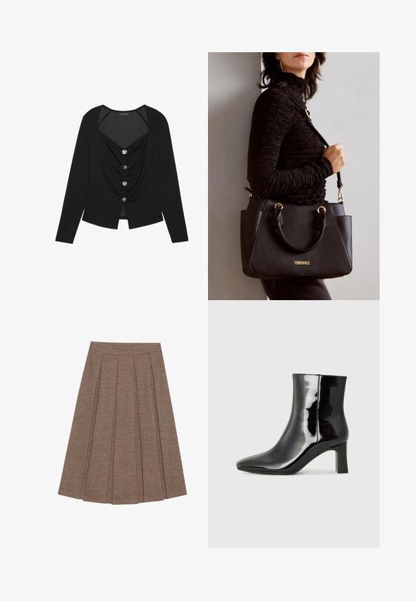Black long-sleeve top with a deep V-neck, gathered front detail, and five silver-tone buttons. Smooth fabric, cropped hem.; Pleated skirt in herringbone-patterned brown fabric, featuring a fitted waistband and a flared silhouette, providing structured texture and design.; Black patent leather ankle boot with a pointed toe and a mid-height block heel. Smooth texture and minimalist design.; Black handbag with textured surface, dual top handles, and adjustable shoulder strap. Features gold-tone hardware and side pockets.