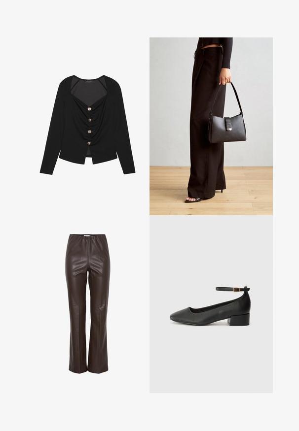 Top lungo nero a maniche lunghe con scollatura a V profonda, dettaglio frontale arricciato e cinque bottoni in tonalità argentata. Tessuto liscio, orlo corto.; Pantaloni in finta pelle marrone con una texture liscia, vita elastica e una silhouette attillata che si allarga leggermente alle caviglie.; Pump in pelle nera con punta affusolata e tacco basso a blocco. Presenta una cinghia alla caviglia con una fibbia in tonalità oro. Texture liscia.; Borsa nera con forma strutturata, texture liscia e una chiusura metallica. Abbinata a pantaloni neri larghi e sandali open-toe su un pavimento in legno.